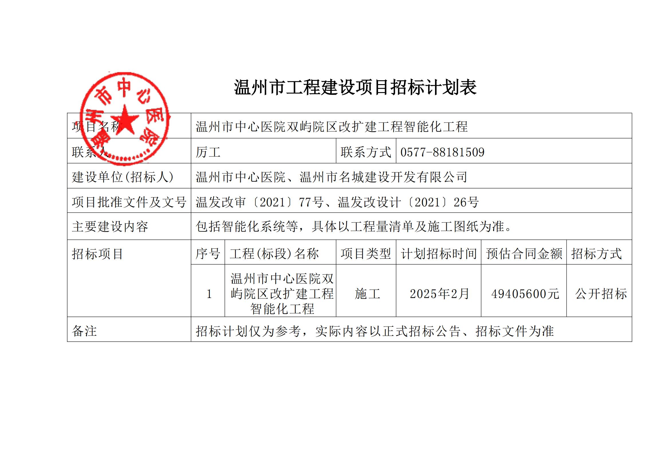 溫州市工程建設(shè)項目招標計劃表（溫州市中心醫(yī)院雙嶼院區(qū)改擴建工程智能化工程）_00.jpg